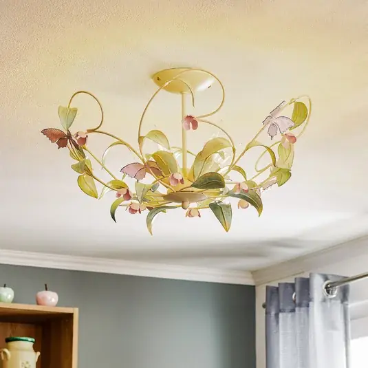 Outlet BUTTERFLY mennyezeti lámpa, krém/zöld/rózsaszín, rozsdamentes acél, 5 izzós
