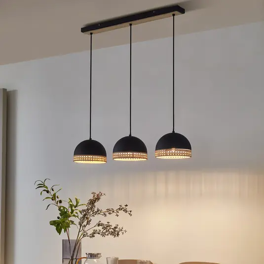 Expressz szállítás Lindby Lonnaris függő lámpa rattan fekete, 3 izzós