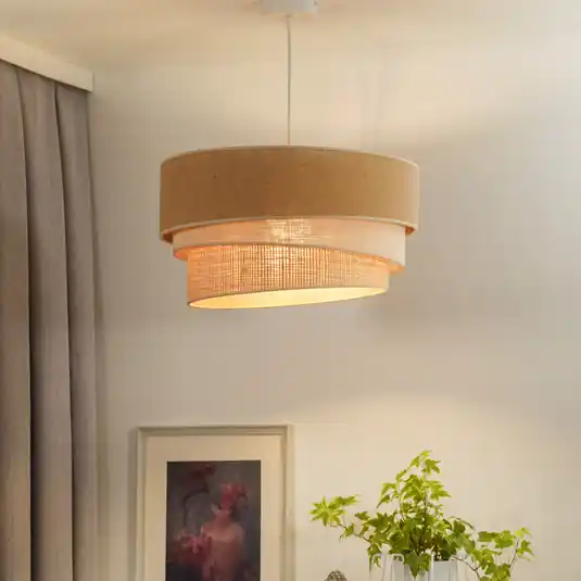 Euluna lógó lámpa Trio juta, természetes barna/fehér/rafia, Ø 45 cm Azonnal elérhető