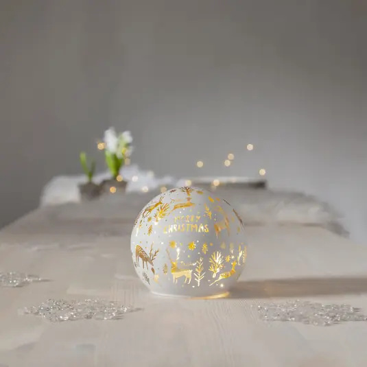 Azonnali szállítás LED gömbfény Merry X-Mas Ø 12cm fehér üveg elemmel működtethető